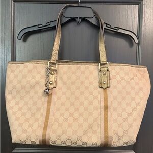 GUCCI GG Canvas Joy Tote Champagne Metallic Leather Charm Y2K Shopper With COA